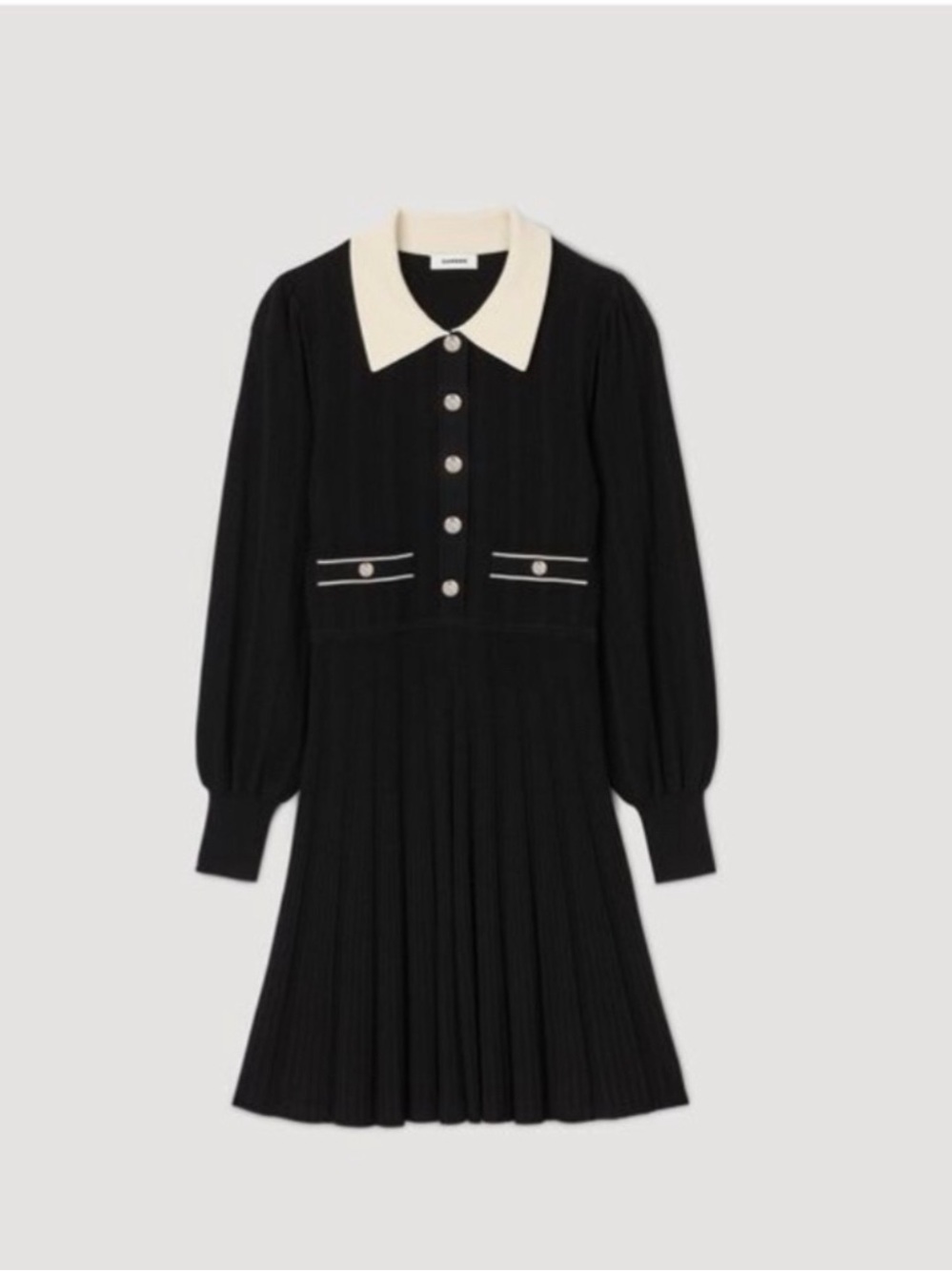 Sandro Black Knit Dress with Cream Contrast Collar